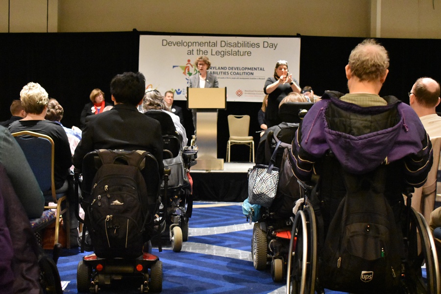 Staff and students listen to speaker at Developmental Disability Day event.