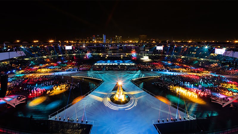 Aerial view of the 2019 Olympics Opening Ceremony.